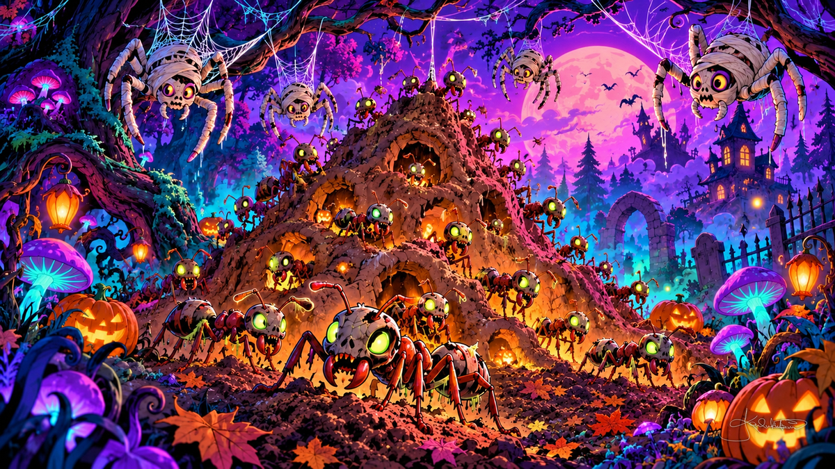 Cartoon ants and spiders swarming a glowing anthill among jack-o'-lanterns and neon mushrooms under the moon. Halloween Frame TV art from the Dreamy Halloween Haze collection by Dreams On Kanvas