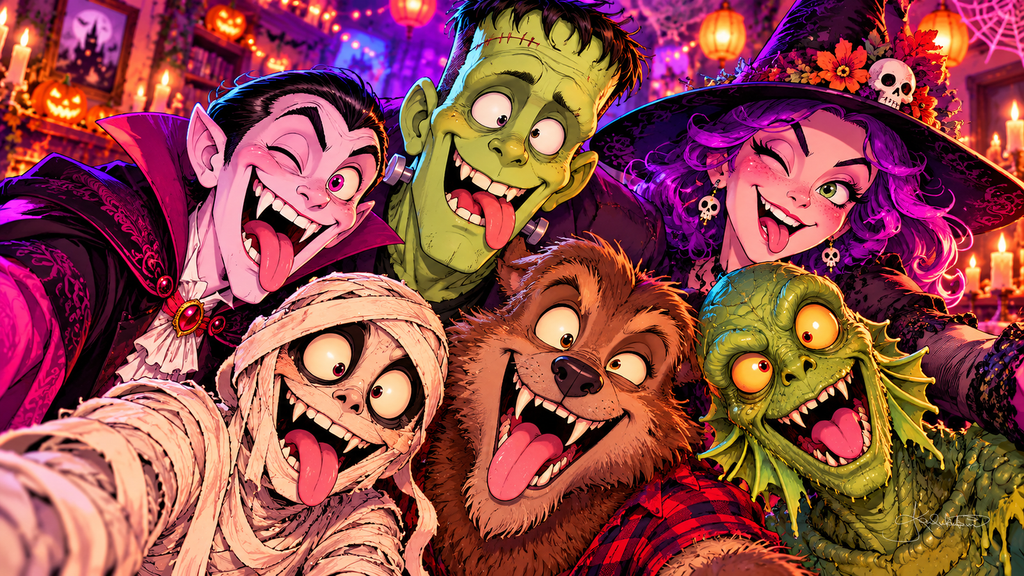 Dracula, Frankenstein's monster, a witch, a mummy, a werewolf and a swamp creature squeezing in for a goofy selfie. Halloween Frame TV art from the Dreamy Halloween Haze collection by Dreams On Kanvas