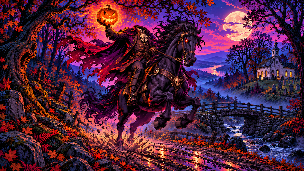 The Headless Horseman galloping on a black horse with a glowing pumpkin held high, an old bridge and church in the autumn valley. Halloween Frame TV art from the Dreamy Halloween Haze collection by Dreams On Kanvas