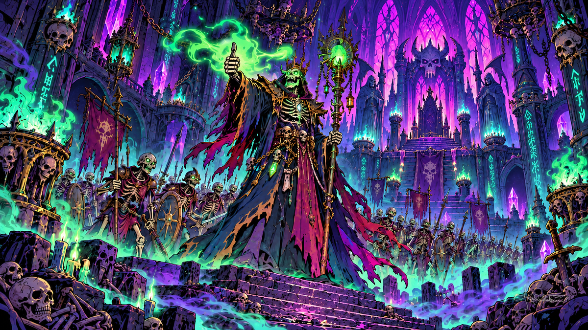 A skeleton lich lord in green flame giving a thumbs-up on the steps of a neon gothic citadel, his skeleton crew behind him. Halloween Frame TV art from the Dreamy Halloween Haze collection by Dreams On Kanvas