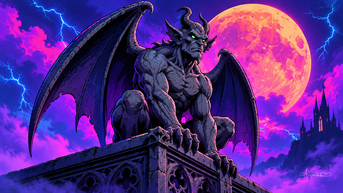 A winged stone gargoyle crouched on a cathedral ledge, lightning in a purple sky and a huge pink moon behind him. Halloween Frame TV art from the Dreamy Halloween Haze collection by Dreams On Kanvas