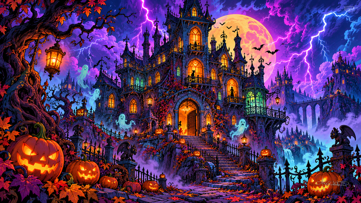 A gothic mansion lit up on a hill in a lightning storm, ghosts at the windows and jack-o'-lanterns along the stairs. Halloween Frame TV art from the Dreamy Halloween Haze collection by Dreams On Kanvas