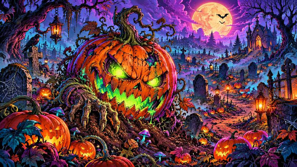 A giant green-eyed jack-o'-lantern rising from an old graveyard full of pumpkins and lanterns under the full moon. Halloween Frame TV art from the Dreamy Halloween Haze collection by Dreams On Kanvas
