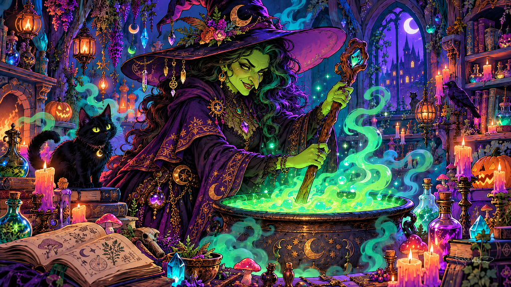 A green witch stirring a glowing cauldron in her potion workshop, a black cat, candles and a spell book beside her. Halloween Frame TV art from the Dreamy Halloween Haze collection by Dreams On Kanvas