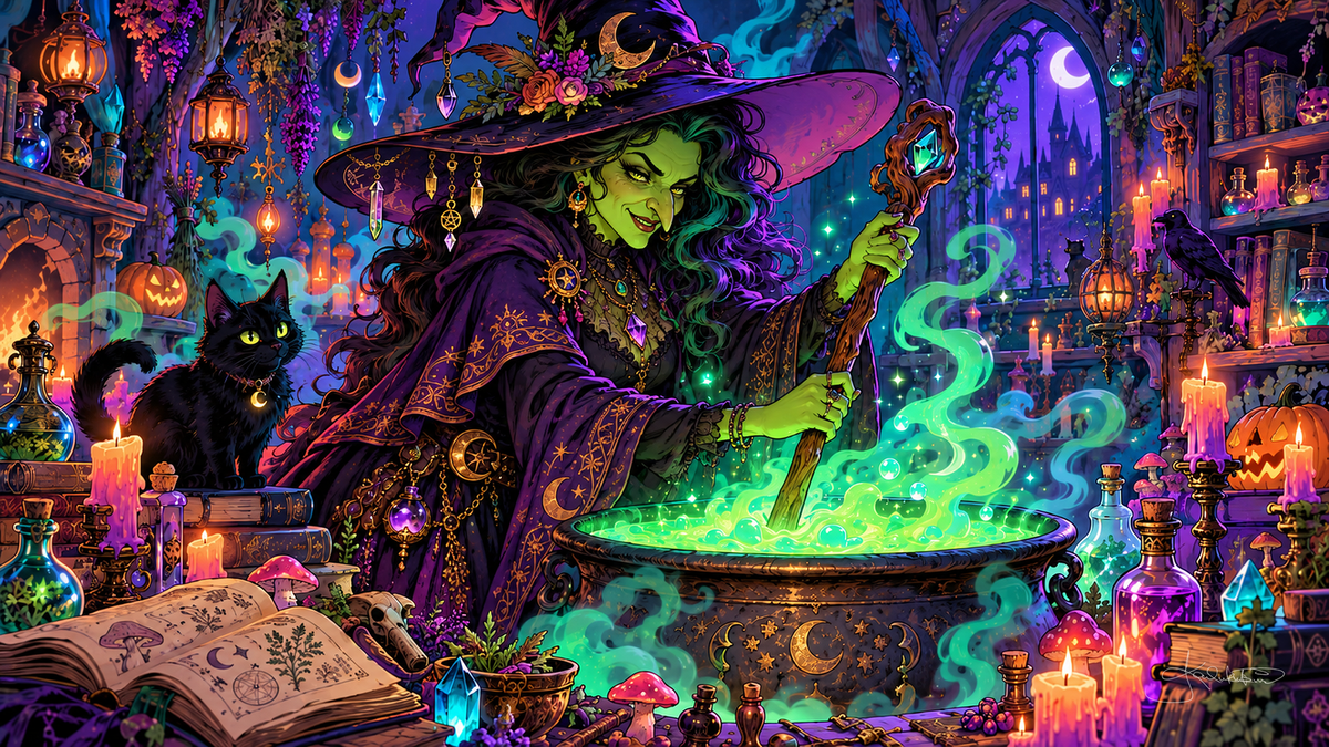 A green witch stirring a glowing cauldron in her potion workshop, a black cat, candles and a spell book beside her. Halloween Frame TV art from the Dreamy Halloween Haze collection by Dreams On Kanvas