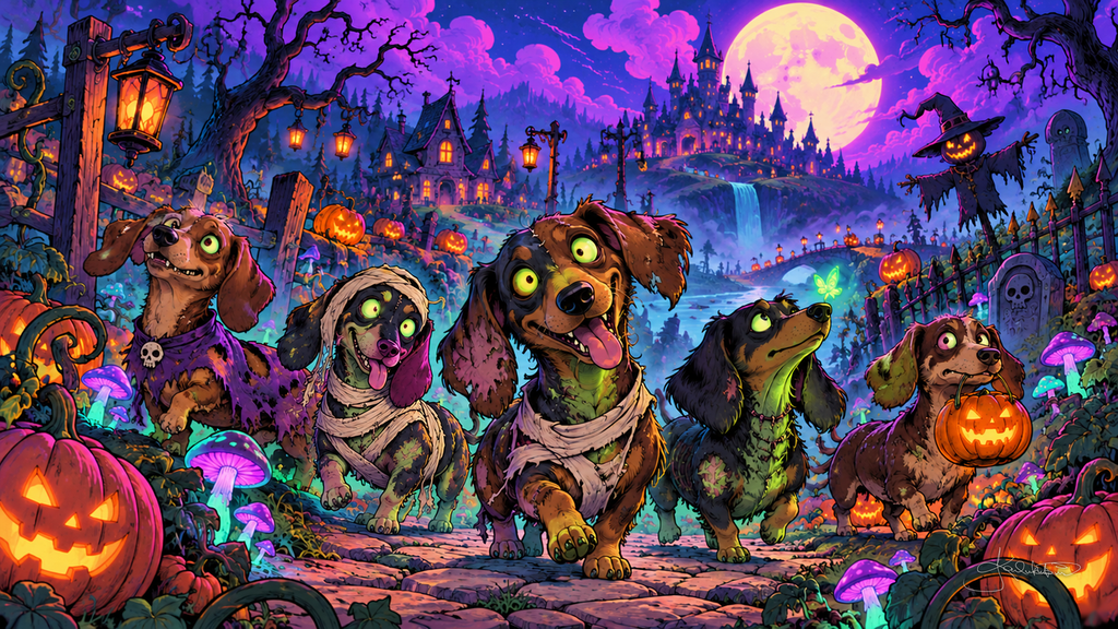 A pack of dachshunds dressed as zombies trotting down a cobbled path past jack-o'-lanterns and glowing mushrooms. Halloween Frame TV art from the Dreamy Halloween Haze collection by Dreams On Kanvas