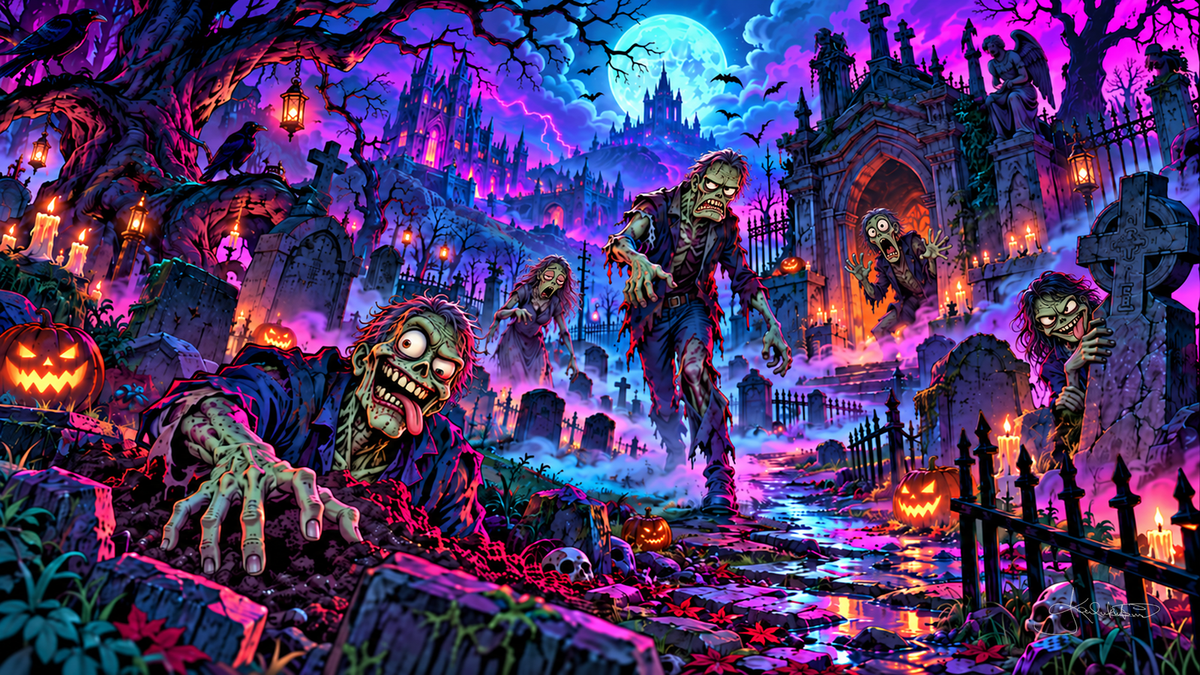 Cartoon zombies climbing up out of a neon graveyard, crooked gravestones and jack-o'-lanterns under the moon. Halloween Frame TV art from the Dreamy Halloween Haze collection by Dreams On Kanvas