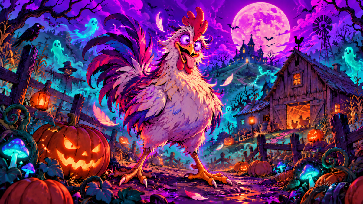 A wide-eyed rooster with purple eyes strutting through a Halloween farmyard, ghosts in the sky and a barn behind him. Halloween Frame TV art from the Dreamy Halloween Haze collection by Dreams On Kanvas