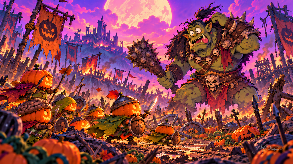 Tiny pumpkin warriors in helmets holding the line against a giant club-swinging ogre on a battlefield under a pink moon. Halloween Frame TV art from the Dreamy Halloween Haze collection by Dreams On Kanvas
