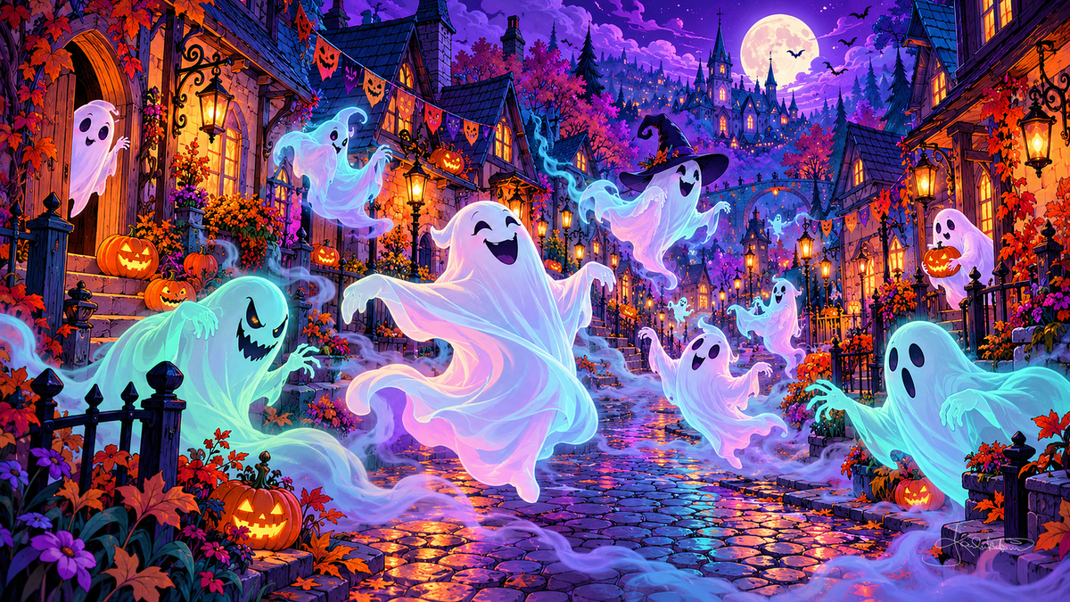 Smiling ghosts swirling down a cobbled village street, one in a witch's hat, jack-o'-lanterns at every door. Halloween Frame TV art from the Dreamy Halloween Haze collection by Dreams On Kanvas