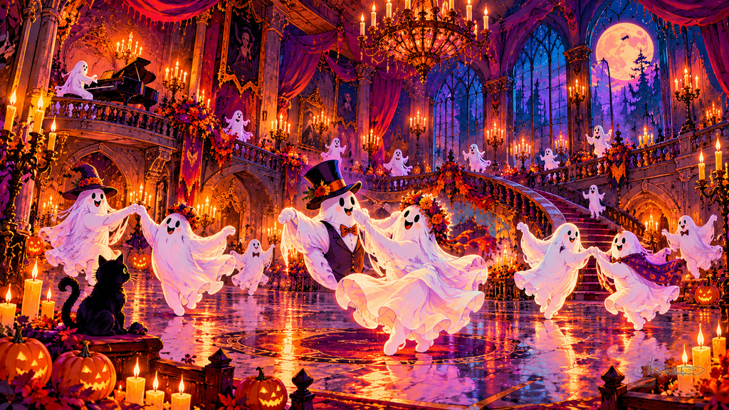 Ghosts dancing in a candlelit ballroom, one in a top hat, a black cat watching from the steps. Halloween Frame TV art from the Dreamy Halloween Haze collection by Dreams On Kanvas