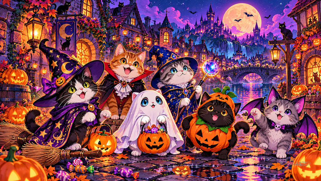 Kittens in Halloween costumes, a witch, a vampire, a ghost, a wizard, a pumpkin and a bat, on a village street under the moon. Halloween Frame TV art from the Dreamy Halloween Haze collection by Dreams On Kanvas