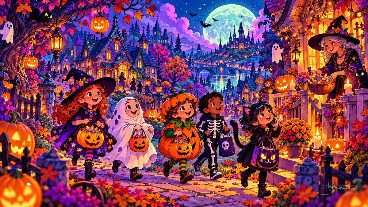 Children trick-or-treating as a witch, a ghost, a pumpkin, a skeleton and a black cat, a kind witch handing out candy. Halloween Frame TV art from the Dreamy Halloween Haze collection by Dreams On Kanvas