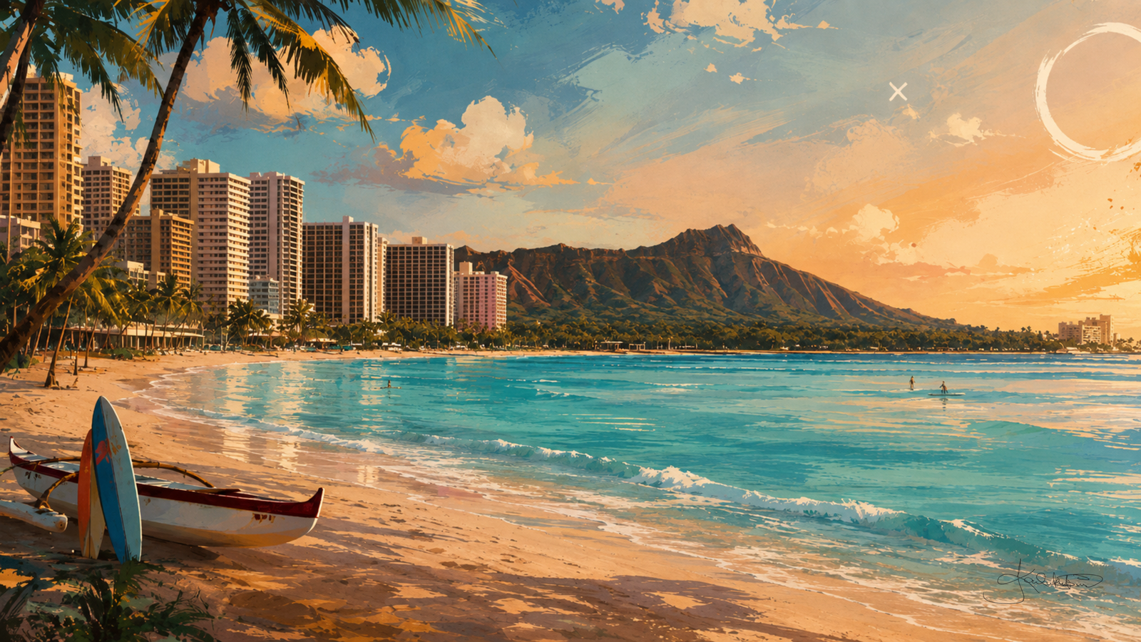 Waikīkī Beach at sunset with Lēʻahi, Diamond Head, across the water, an outrigger canoe drawn up on the sand and the hotel towers under the palms on the left. Dreamy Hawaii 4K desktop wallpaper by Dreams On Kanvas