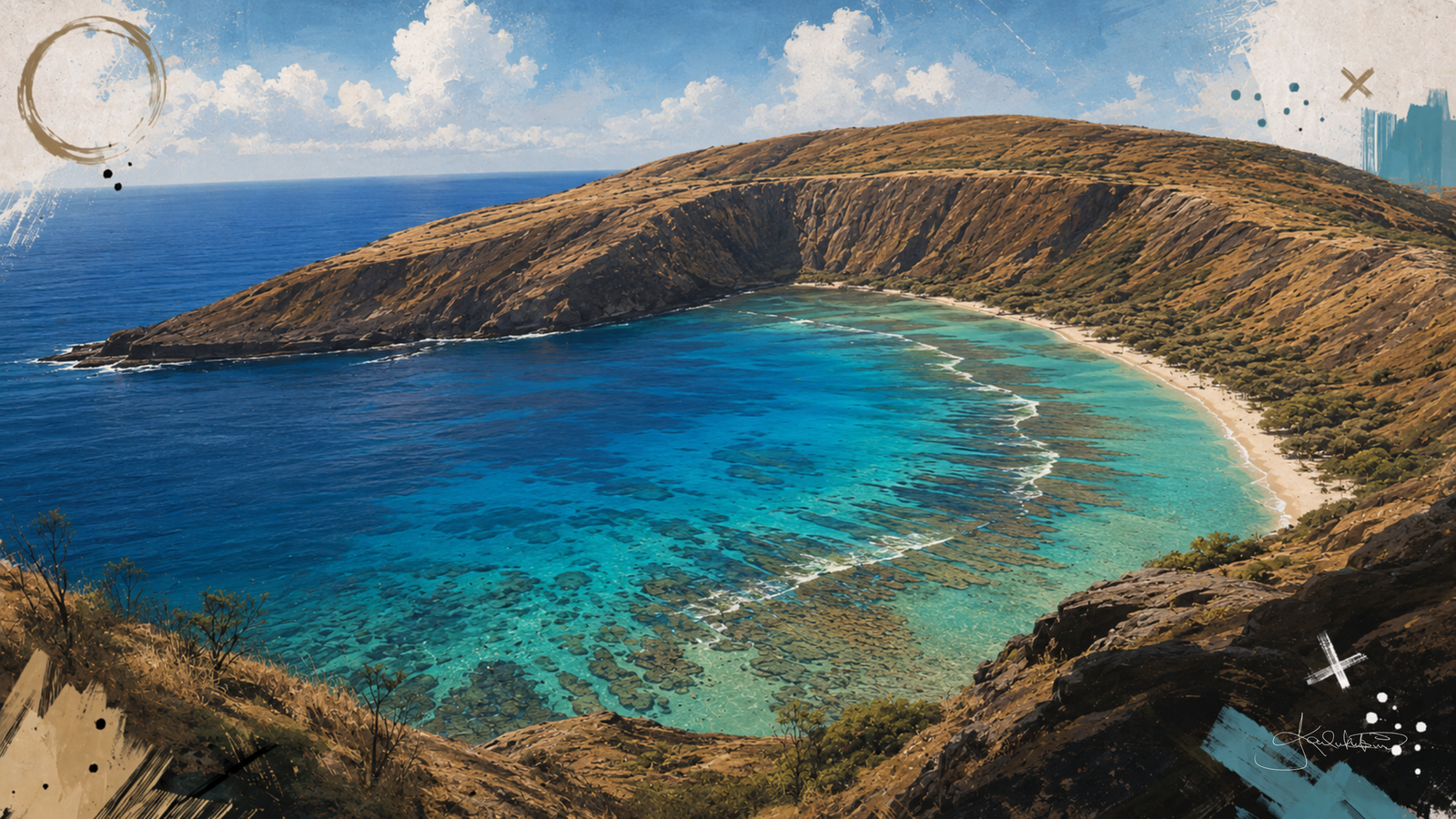Hanauma Bay from above, the curved reef glowing turquoise inside the old crater rim with the deep blue open ocean beyond it. Dreamy Hawaii 4K desktop wallpaper by Dreams On Kanvas