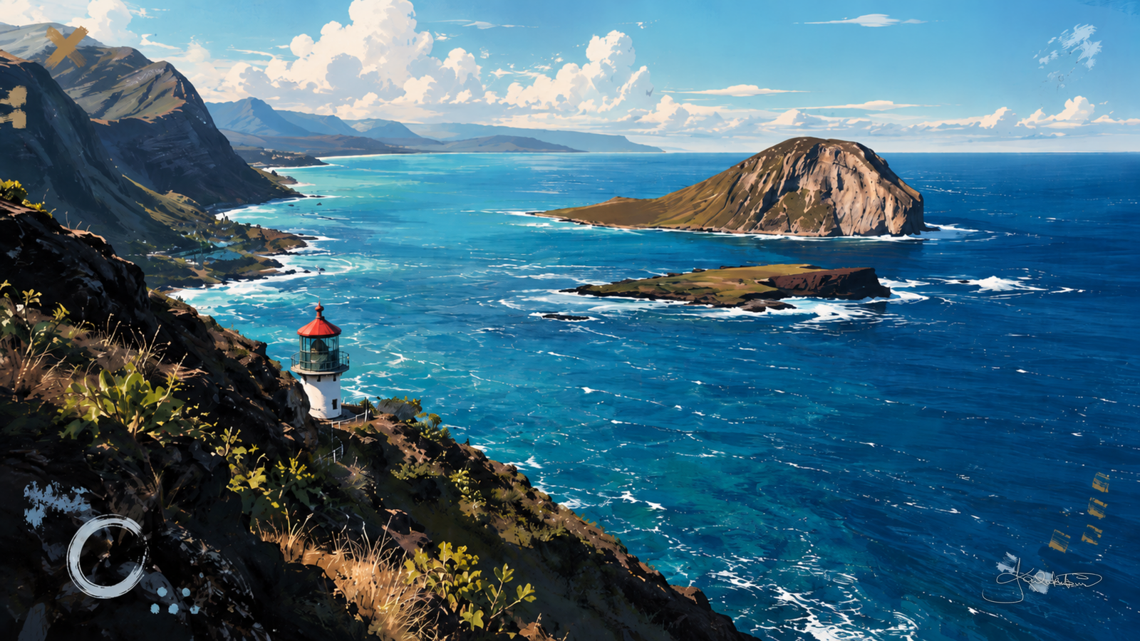 Makapuʻu Point on Oʻahu's windward coast, the red-roofed lighthouse on the cliff with Mānana, Rabbit Island, sitting offshore in deep blue water. Dreamy Hawaii 4K desktop wallpaper by Dreams On Kanvas