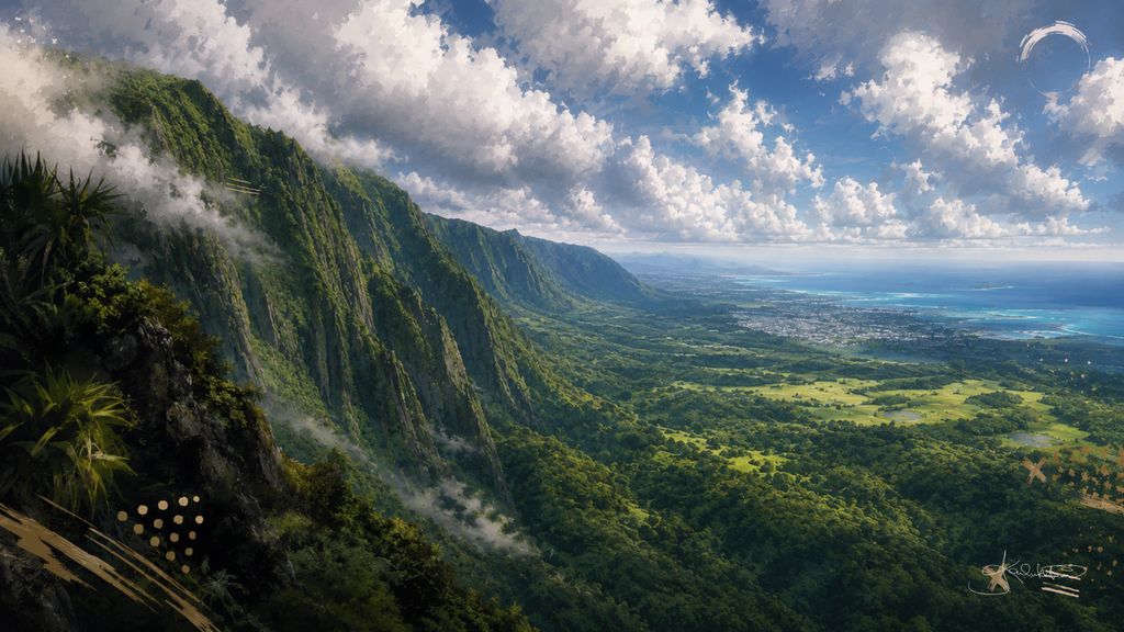 The Nuʻuanu Pali, the fluted green wall of the Koʻolau cliffs with cloud caught against it and the windward plain running out to the sea below. Dreamy Hawaii 4K desktop wallpaper by Dreams On Kanvas