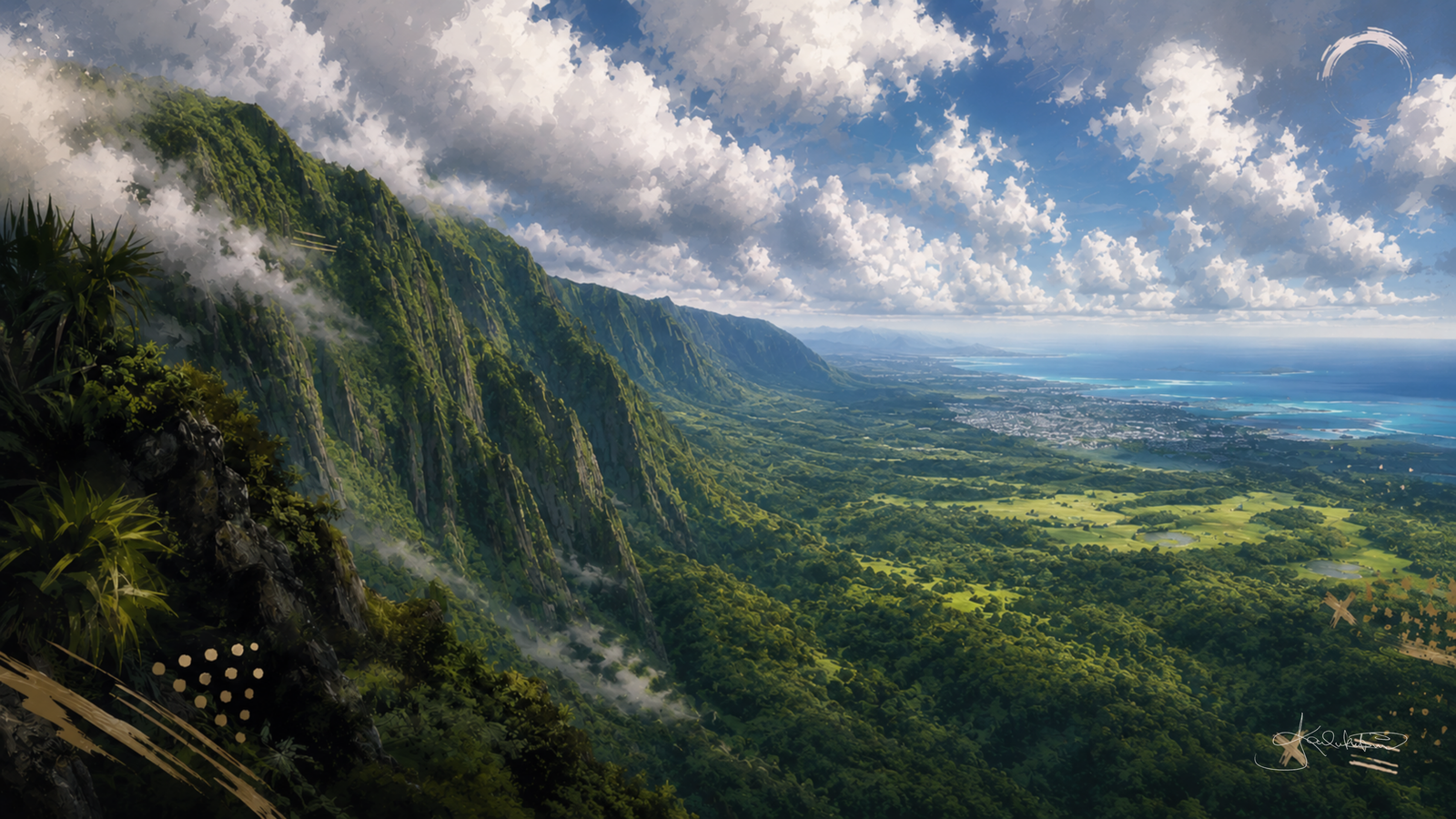 The Nuʻuanu Pali, the fluted green wall of the Koʻolau cliffs with cloud caught against it and the windward plain running out to the sea below. Dreamy Hawaii 4K desktop wallpaper by Dreams On Kanvas