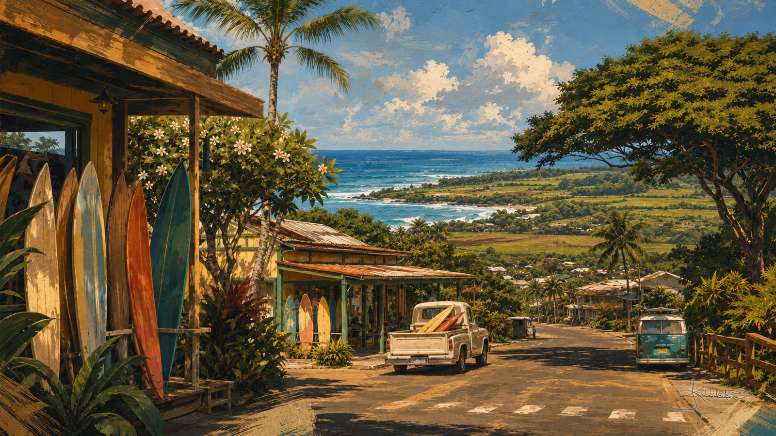 Haleʻiwa on Oʻahu's North Shore, surfboards leaning along the front of a wooden surf shop with a pickup and a VW bus on the road and the coast opening up behind. Dreamy Hawaii 4K desktop wallpaper by Dreams On Kanvas
