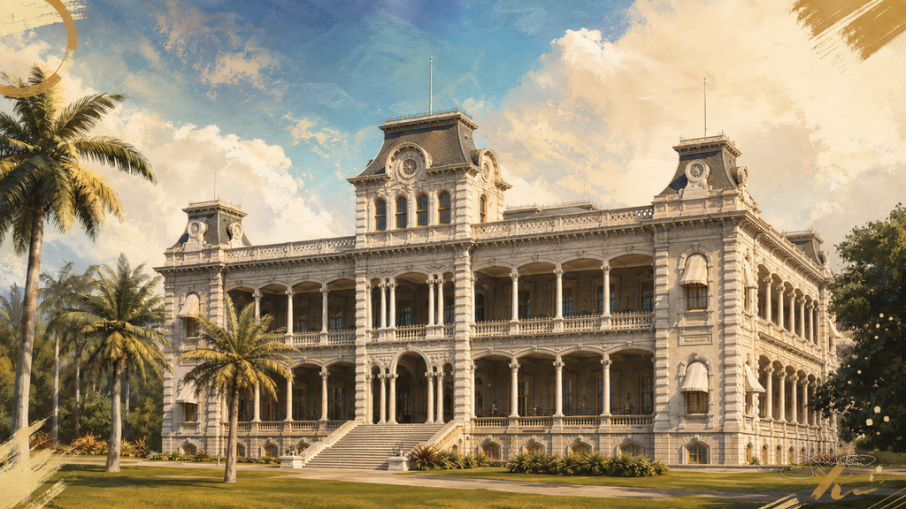 ʻIolani Palace on Oʻahu, the royal palace in full sun behind its palms and lawn. Dreamy Hawaii 4K desktop wallpaper by Dreams On Kanvas