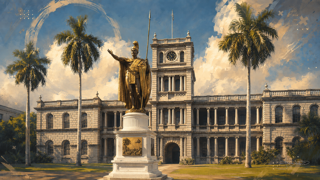The King Kamehameha I statue at Aliʻiōlani Hale in Honolulu, the gilded figure with his arm outstretched and his spear, framed by palms against the building's clock tower. Dreamy Hawaii 4K desktop wallpaper by Dreams On Kanvas