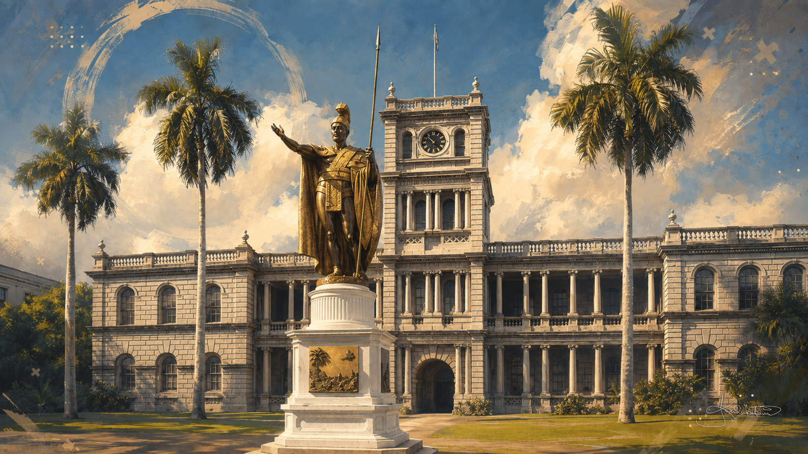 The King Kamehameha I statue at Aliʻiōlani Hale in Honolulu, the gilded figure with his arm outstretched and his spear, framed by palms against the building's clock tower. Dreamy Hawaii 4K desktop wallpaper by Dreams On Kanvas