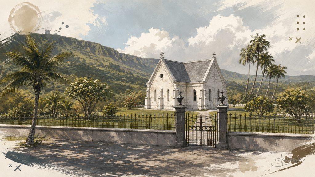 Mauna ʻAla, the Royal Mausoleum of Hawaiʻi, the small white chapel behind its iron gate with palms and the green ridge rising behind. Dreamy Hawaii 4K desktop wallpaper by Dreams On Kanvas