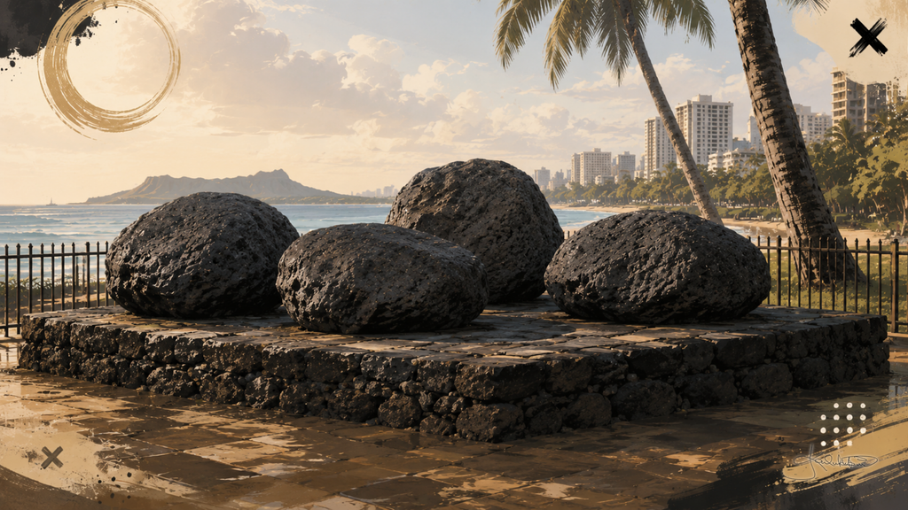Nā Pōhaku Ola Kapaemāhū, the four healer stones on their stone platform behind the railing at Waikīkī, with the beach, the towers and Diamond Head beyond. Dreamy Hawaii 4K desktop wallpaper by Dreams On Kanvas
