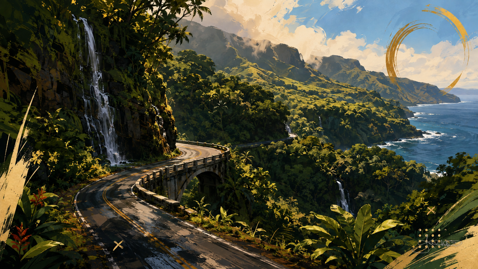 The Hāna Highway on Maui, a stone bridge on the coast road with a waterfall coming down the mossy cliff beside it and the sea opening out ahead. Dreamy Hawaii 4K desktop wallpaper by Dreams On Kanvas