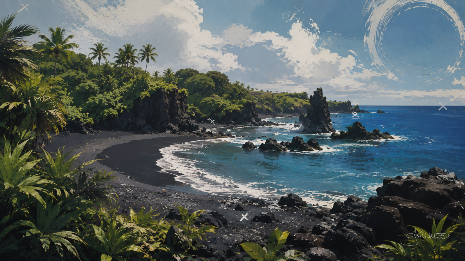 Waiʻānapanapa on Maui, the black sand cove with lava sea stacks standing in the surf and jungle running right down to the shore. Dreamy Hawaii 4K desktop wallpaper by Dreams On Kanvas