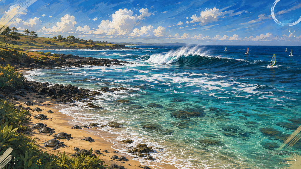 Hoʻokipa Beach on Maui's North Shore, a wave standing up and breaking over the reef with windsurfer sails out on the water behind it. Dreamy Hawaii 4K desktop wallpaper by Dreams On Kanvas