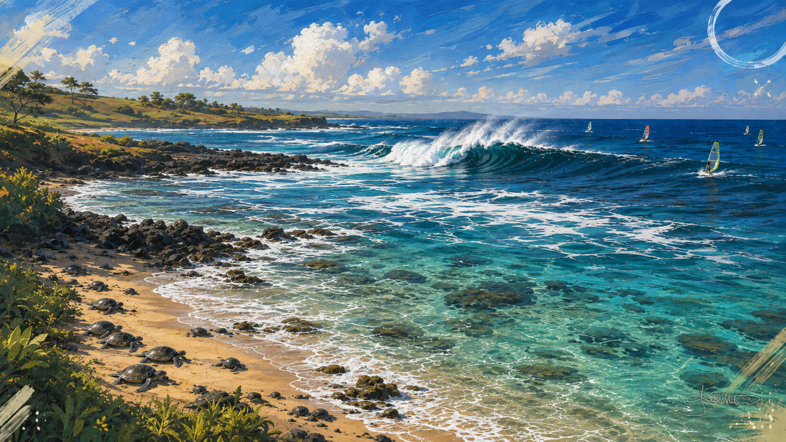 Hoʻokipa Beach on Maui's North Shore, a wave standing up and breaking over the reef with windsurfer sails out on the water behind it. Dreamy Hawaii 4K desktop wallpaper by Dreams On Kanvas