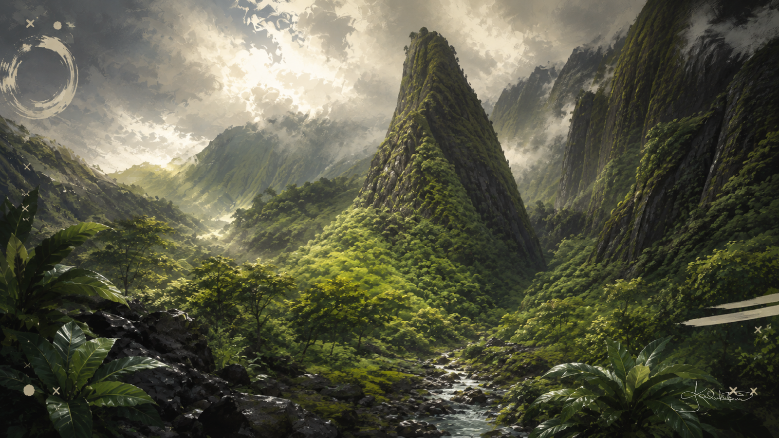 ʻĪao Valley on Maui, the Needle rising green and sheer out of the valley floor with mist moving through the walls around it. Dreamy Hawaii 4K desktop wallpaper by Dreams On Kanvas