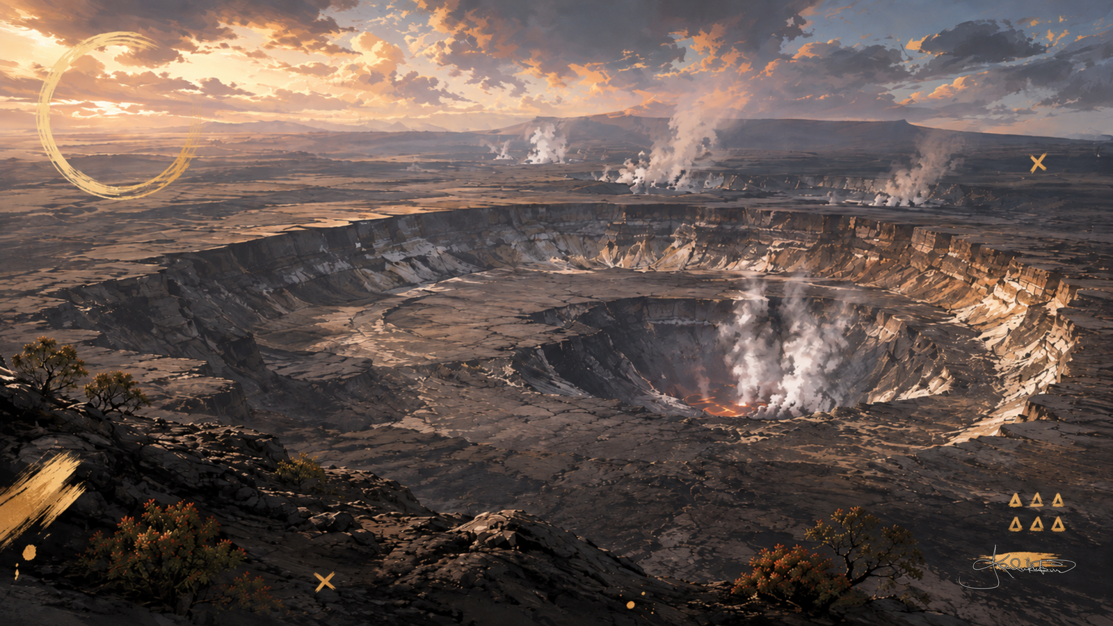 Kīlauea and Halemaʻumaʻu on Hawaiʻi Island, steam rising off the crater floor with the vent glowing red down in the pit. Dreamy Hawaii 4K desktop wallpaper by Dreams On Kanvas