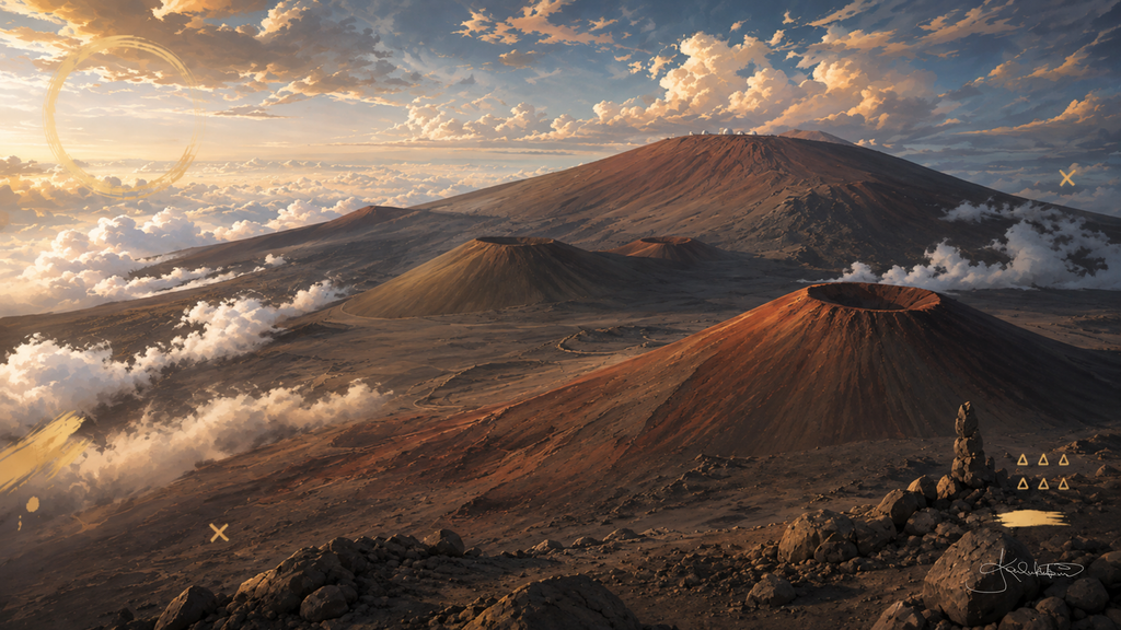 Maunakea on Hawaiʻi Island, the broad summit and its red cinder cones standing above the cloud layer at sunset. Dreamy Hawaii 4K desktop wallpaper by Dreams On Kanvas