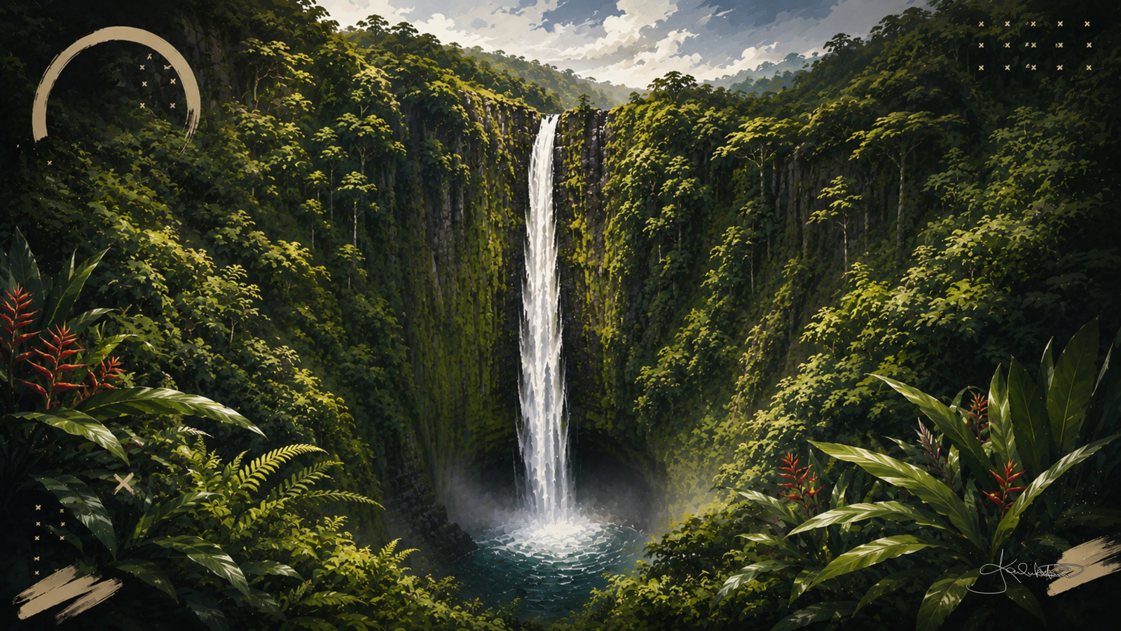 ʻAkaka Falls on Hawaiʻi Island, the long single drop falling into its pool in a gorge walled with ferns and heliconia. Dreamy Hawaii 4K desktop wallpaper by Dreams On Kanvas