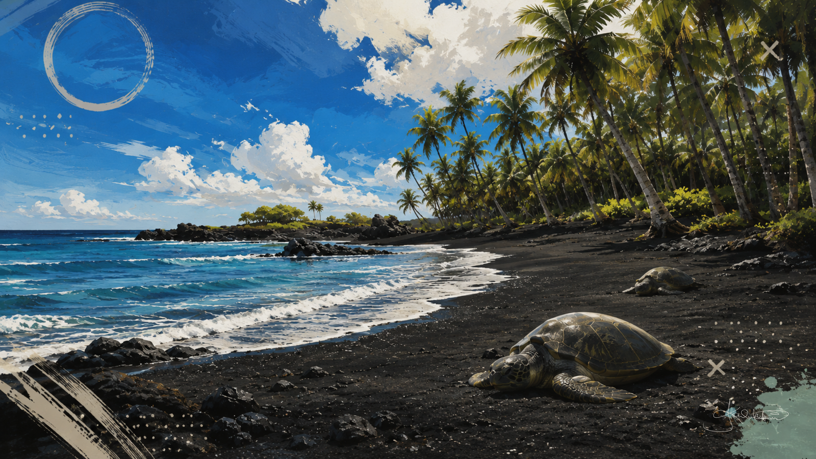 Punaluʻu Black Sand Beach on Hawaiʻi Island, a honu, a green sea turtle, resting up on the black sand with the palms and the surf line behind. Dreamy Hawaii 4K desktop wallpaper by Dreams On Kanvas