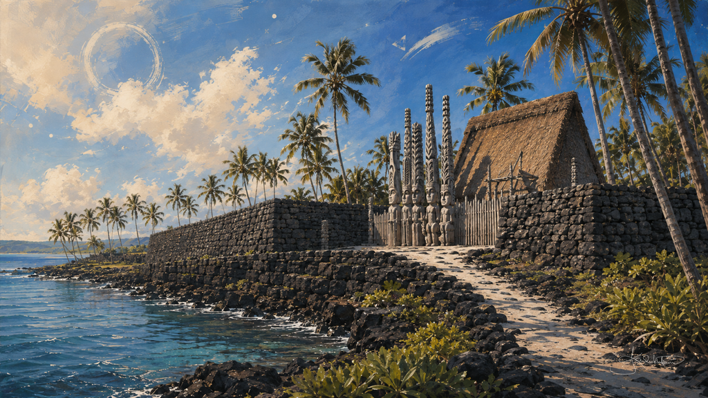 Puʻuhonua o Hōnaunau on Hawaiʻi Island, the carved kiʻi standing along the thatched hale and the great stone wall on the shoreline. Dreamy Hawaii 4K desktop wallpaper by Dreams On Kanvas