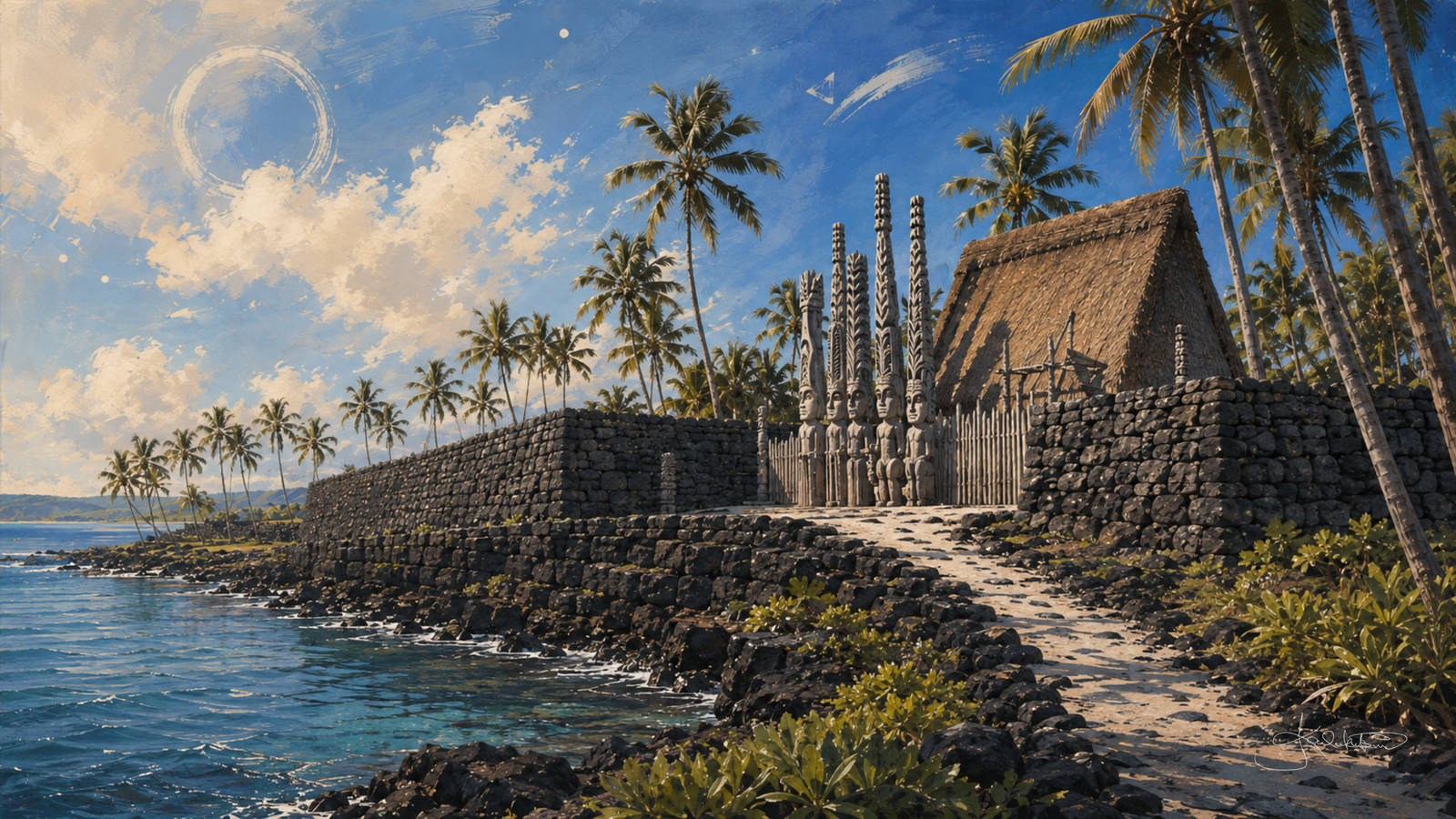Puʻuhonua o Hōnaunau on Hawaiʻi Island, the carved kiʻi standing along the thatched hale and the great stone wall on the shoreline. Dreamy Hawaii 4K desktop wallpaper by Dreams On Kanvas