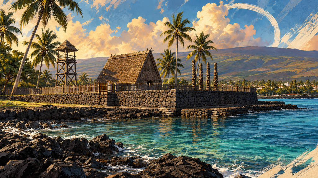 ʻAhuʻena Heiau at Kamakahonu in Kailua-Kona, the thatched heiau and its kiʻi on the stone platform above the turquoise bay with the mountain behind. Dreamy Hawaii 4K desktop wallpaper by Dreams On Kanvas