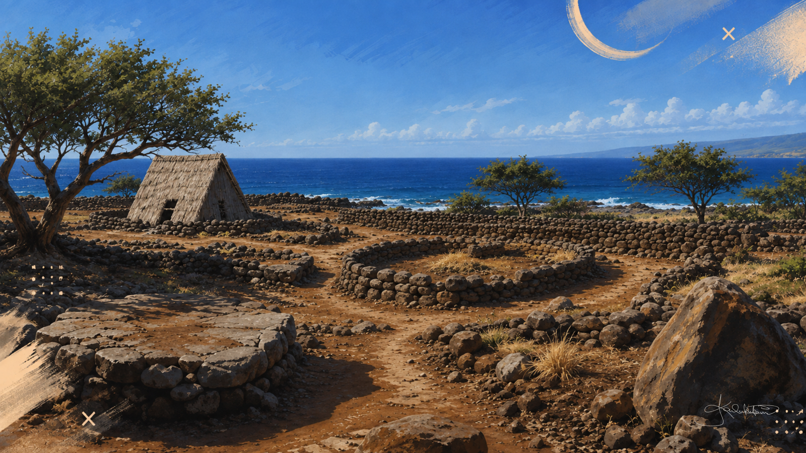 Lapakahi, the ancient Hawaiian coastal village on Hawaiʻi Island, low stone walls and a thatched hale on the dry shore above a blue channel. Dreamy Hawaii 4K desktop wallpaper by Dreams On Kanvas