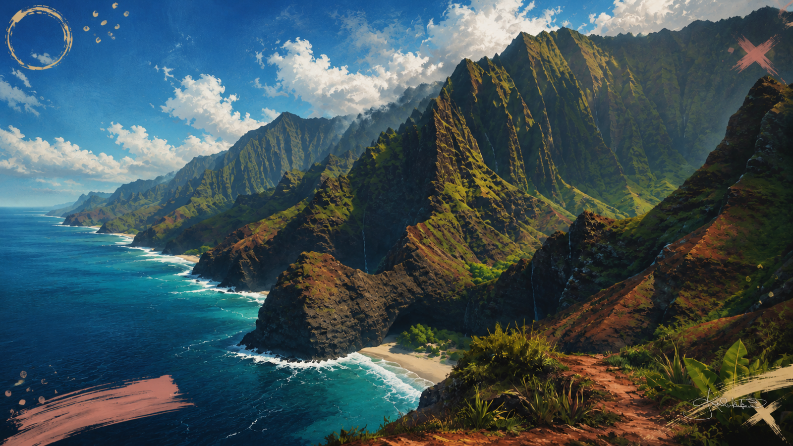 The Nāpali Coast on Kauaʻi, the fluted green ridges dropping straight into the sea with a strip of beach at their foot. Dreamy Hawaii 4K desktop wallpaper by Dreams On Kanvas