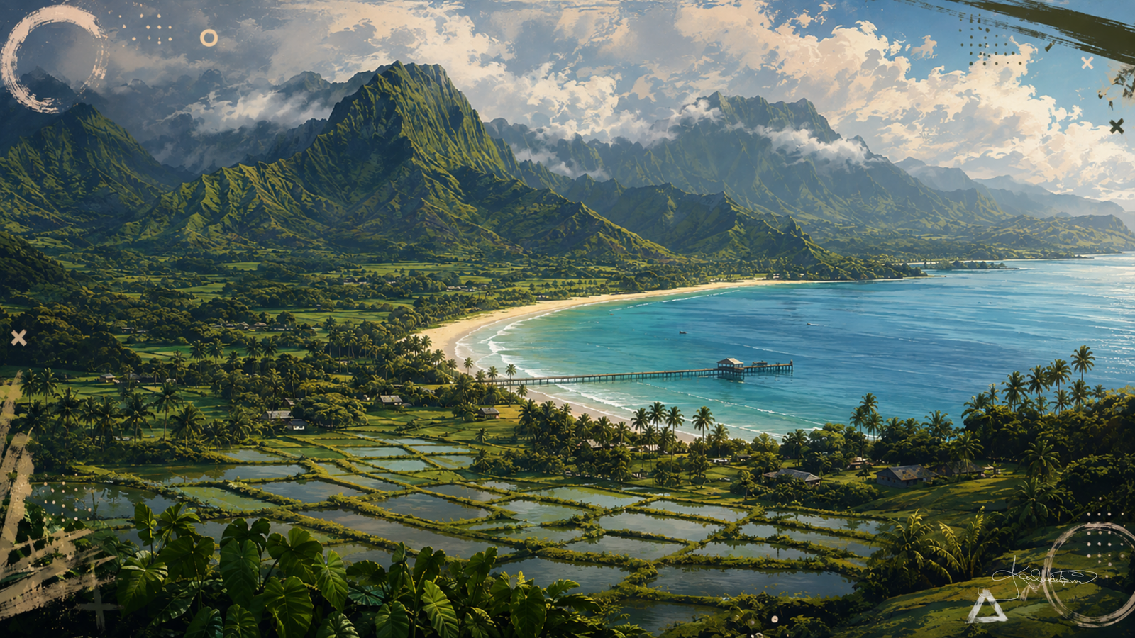 Hanalei on Kauaʻi, the bay and the pier seen over the flooded kalo fields with the green mountains standing behind the valley. Dreamy Hawaii 4K desktop wallpaper by Dreams On Kanvas