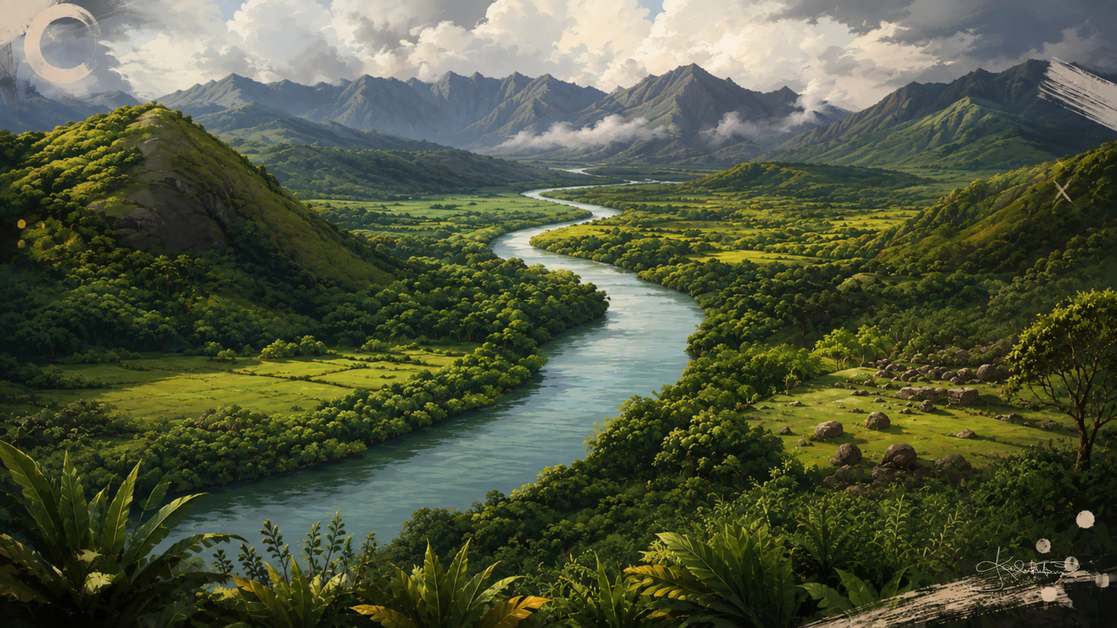 The Wailua cultural landscape on Kauaʻi, the river winding back through green hills toward the mountains inland. Dreamy Hawaii 4K desktop wallpaper by Dreams On Kanvas