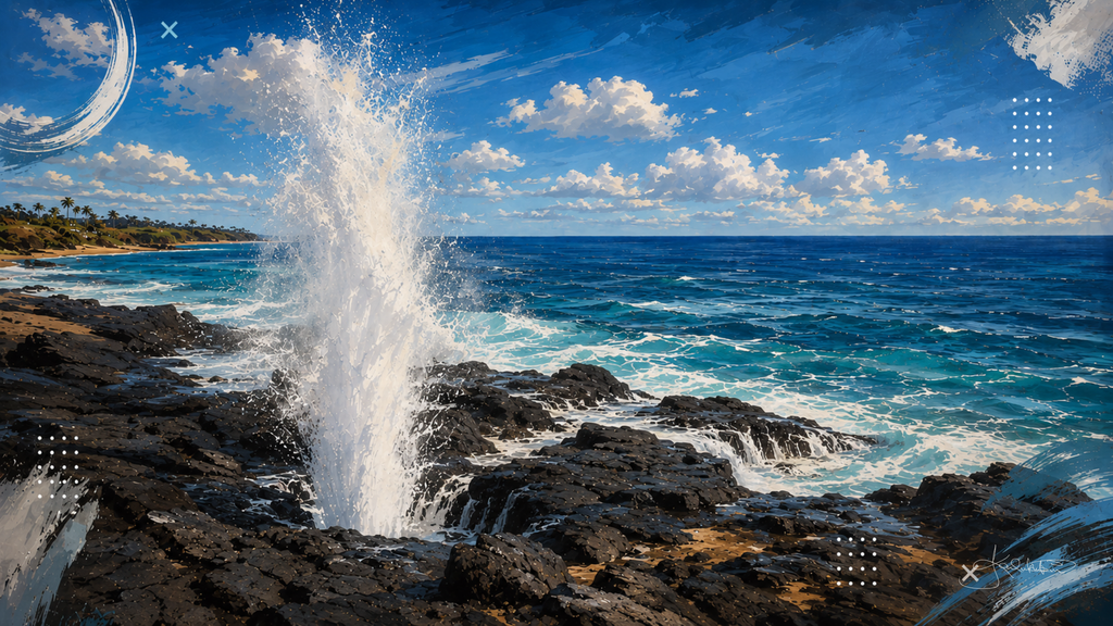 Spouting Horn on the Poʻipū coast of Kauaʻi, the blowhole firing a plume of white water up out of the black lava shelf. Dreamy Hawaii 4K desktop wallpaper by Dreams On Kanvas