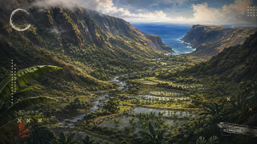 Hālawa Valley on Molokaʻi, the deep green valley running between its cliffs out to the sea at the far end. Dreamy Hawaii 4K desktop wallpaper by Dreams On Kanvas