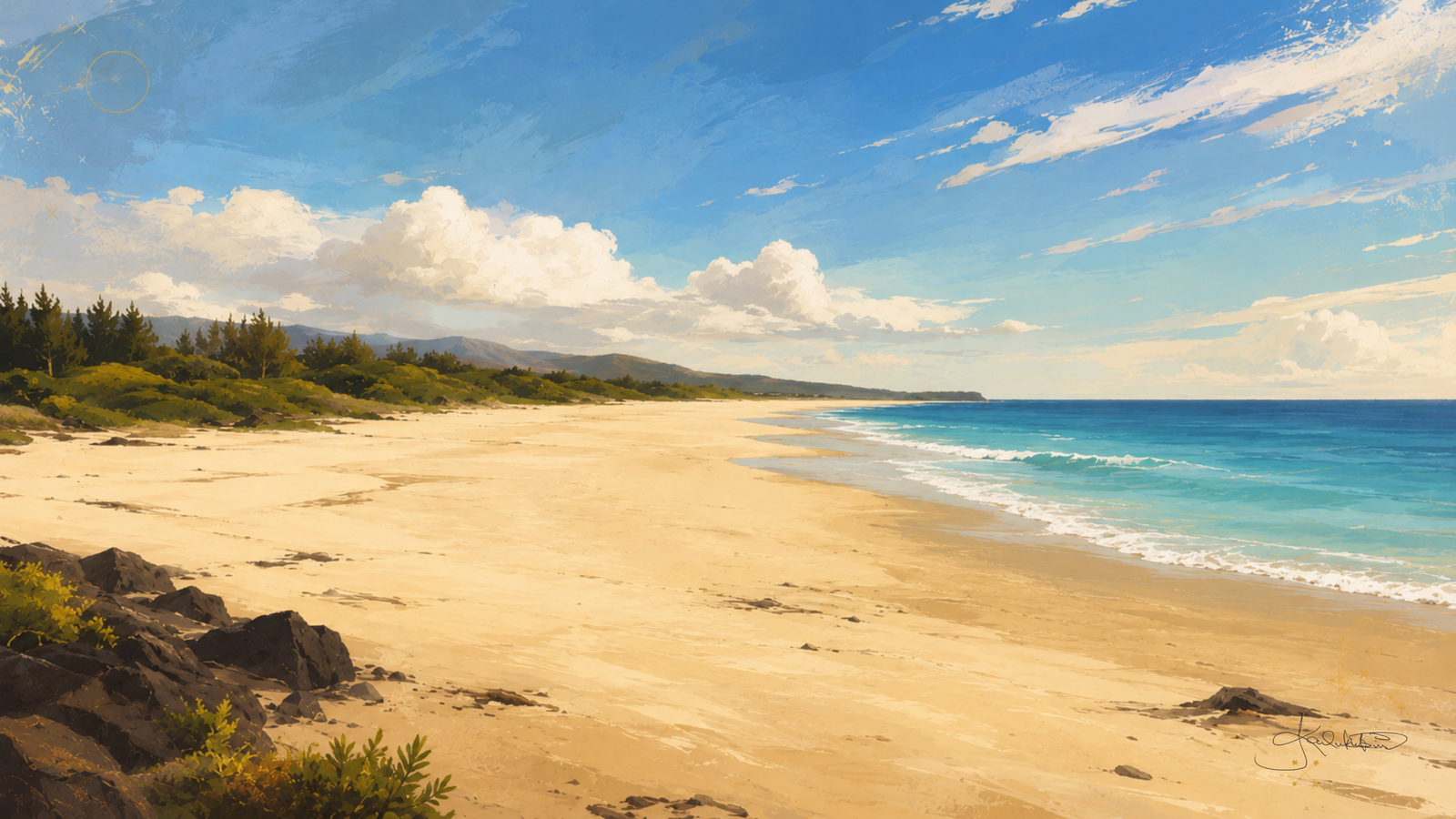 Pāpōhaku Beach on Molokaʻi, a long empty stretch of pale gold sand curving away with the turquoise shore break beside it. Dreamy Hawaii 4K desktop wallpaper by Dreams On Kanvas