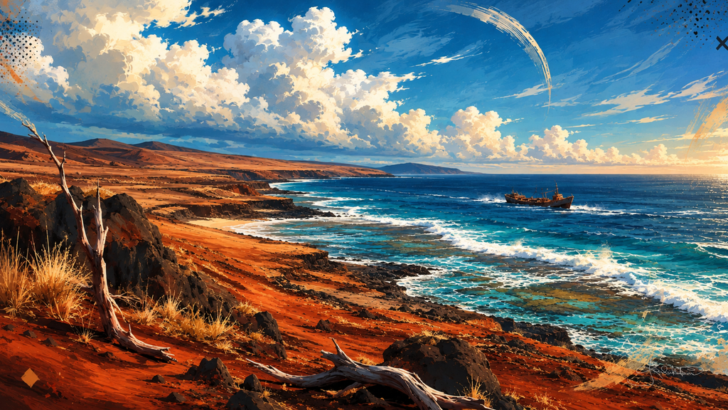 Kaiolohia, Shipwreck Beach, on Lānaʻi, red earth and bleached driftwood on the shore with the rusted hull of the wreck standing out on the reef. Dreamy Hawaii 4K desktop wallpaper by Dreams On Kanvas