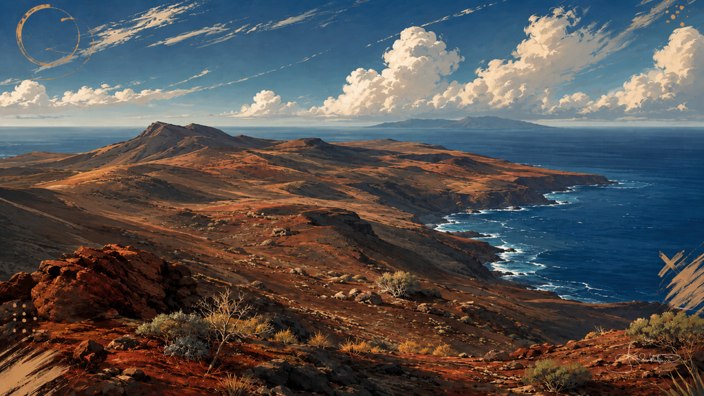 Kahoʻolawe, the red weathered island seen along its bare ridge and bluffs with the channel and another island on the horizon. Dreamy Hawaii 4K desktop wallpaper by Dreams On Kanvas