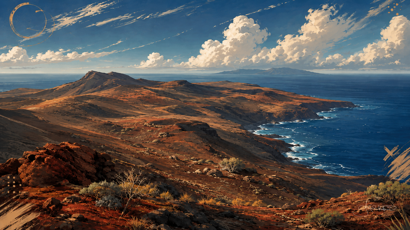 Kahoʻolawe, the red weathered island seen along its bare ridge and bluffs with the channel and another island on the horizon. Dreamy Hawaii 4K desktop wallpaper by Dreams On Kanvas